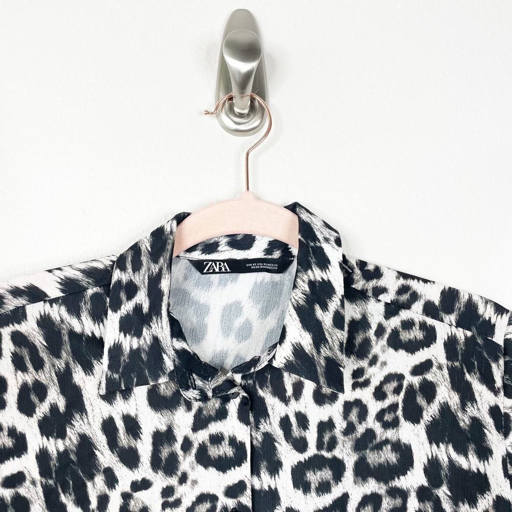 2/$30 ZARA Leopard Tunic Button-Down Blouse Black Chest Pocket Long Sleeve #5387 - Picture 4 of 10